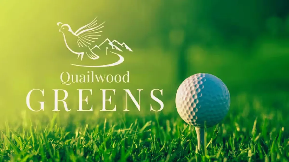 This image features a close-up of a golf ball on lush green grass with the Quailwood Greens logo visible, set against a backdrop of the manicured fairway. The scene exudes the energetic atmosphere of a golf course and subtly hints at socializing and tournament play.